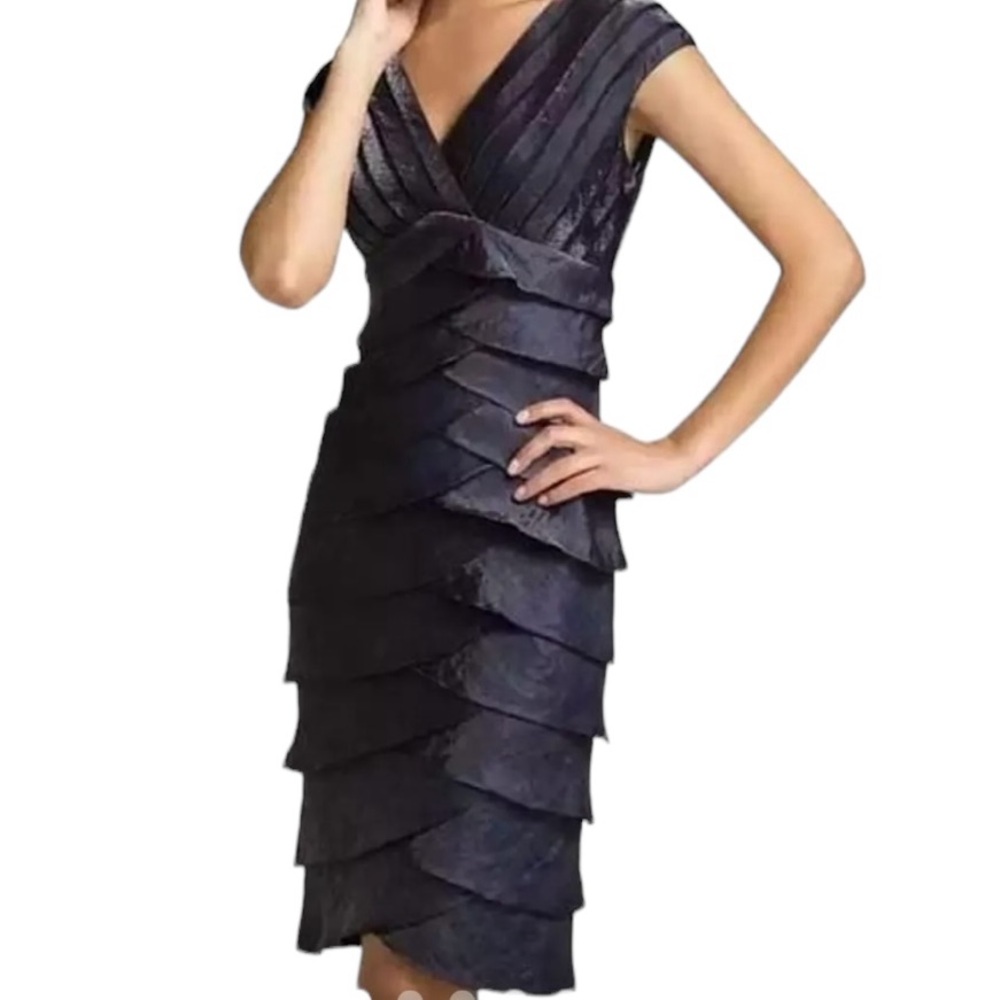 Adrianna Papell Grey Metallic Tiered Ruffle Cocktail Dress 6